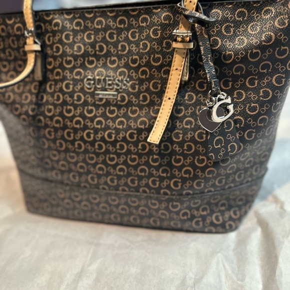 Guess Monogram Black and Tan Tote with Silver Hardware - Picture 1 of 6